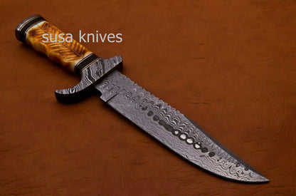 Handmade Damascus Steel Bowie Knive -Cammel Bone & Rose Wood Handle - SUSA KNIVES