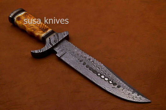 Handmade Damascus Steel Bowie Knive -Cammel Bone & Rose Wood Handle - SUSA KNIVES