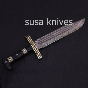 CUSTOM HANDMADE DAMASCUS STEEL COLLECTIBLE BOWIE KNIFE WITH LEATHER SHEATH - SUSA KNIVES