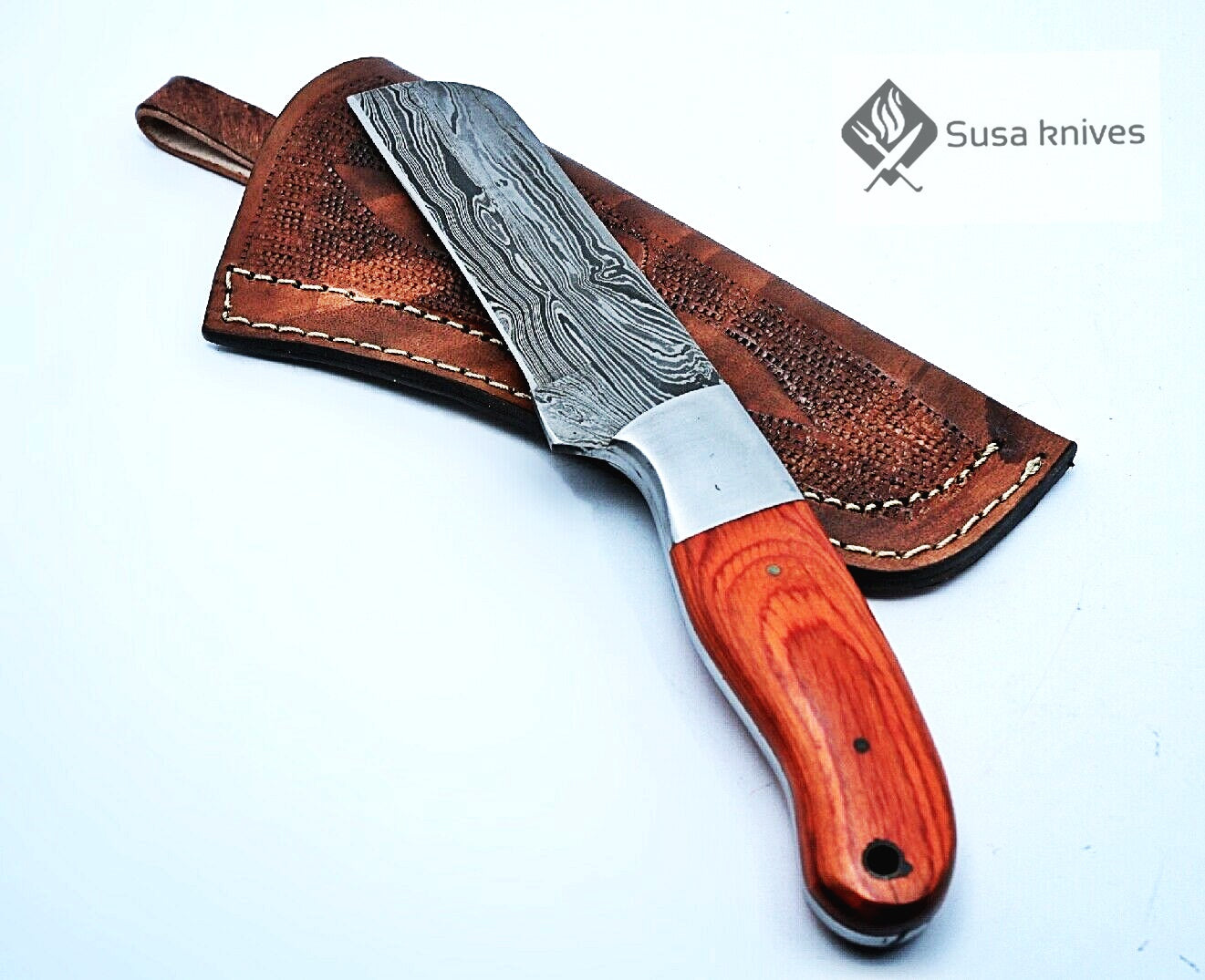 HAND FORGED DAMASCUS STEEL BULL CUTTER/COWBOY KNIFE & PUKKA WOOD HANDLE - SUSA KNIVES
