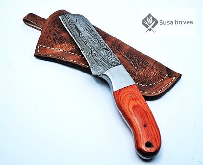 HAND FORGED DAMASCUS STEEL BULL CUTTER/COWBOY KNIFE & PUKKA WOOD HANDLE - SUSA KNIVES