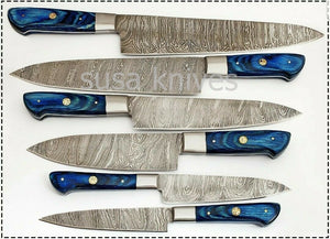 CUSTOM HAND MADE DAMASCUS BLADE 6Pc's KITCHEN/CHEF KNIFE - SUSA KNIVES