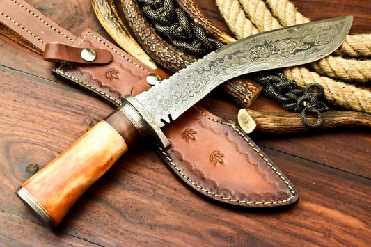 Custom Handmade Damascus Kukri Hunting Knife | Farms Camel Bone - SUSA KNIVES