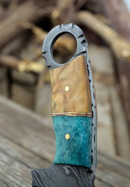 HANDMADE DAMASCUS STEEL BONE & WOOD MINI CLEAVER KNIFE - POCKET KNIFE - SUSA KNIVES