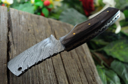 CUSTOM MADE DAMASCUS STEEL 7" EXOTIC WOOD MINI CLEAVER KNIFE WITH POUCH - SUSA KNIVES