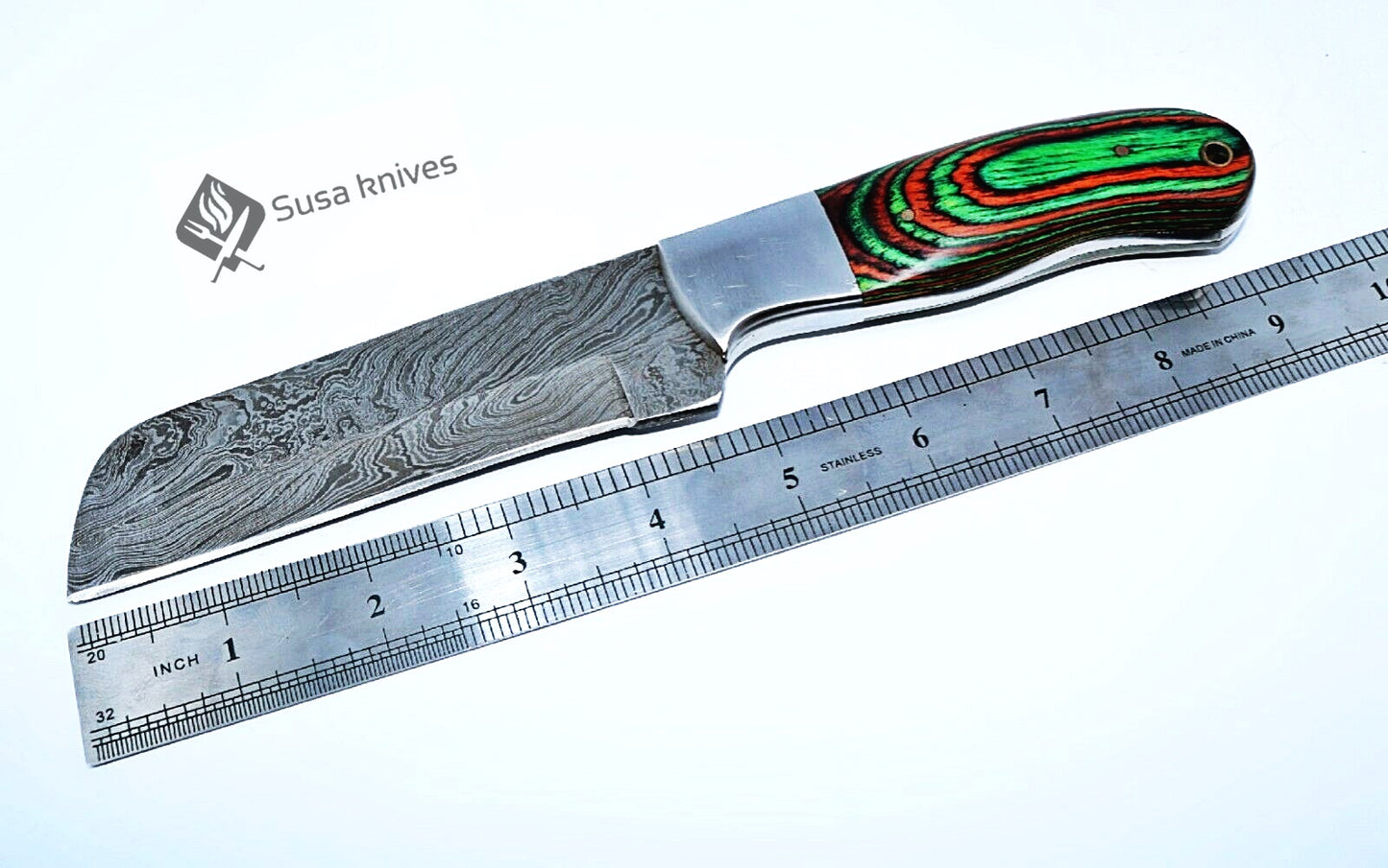 HAND FORGED DAMASCUS STEEL BULL CUTTER/COWBOY KNIFE & PUKKA WOOD HANDLE - SUSA KNIVES