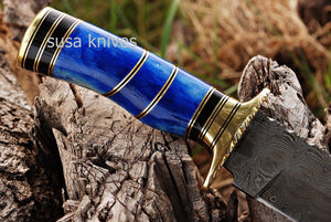DAMASCUS STEEL BLADE HUNTING BOWIE KNIFE,DYED BONE HANDLE .,OVERALL 12.75"INCH - SUSA KNIVES