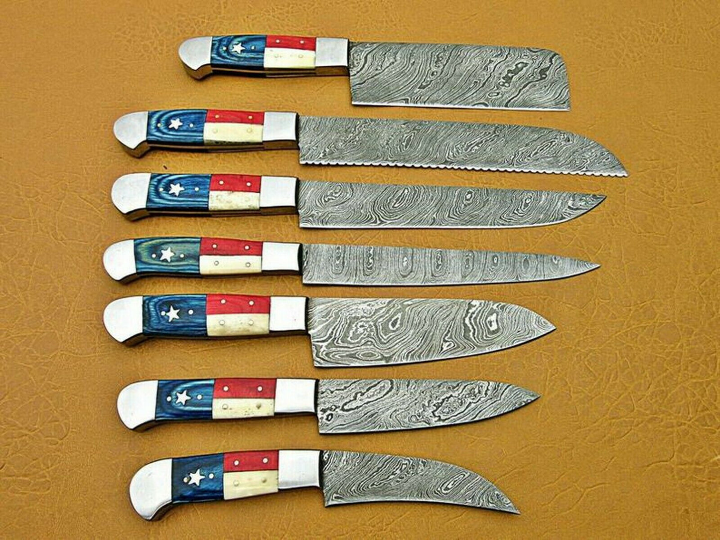 Set Of 7 Beautiful Handmade Damascus Steel Chef Knives With Leather Bag - SUSA KNIVES
