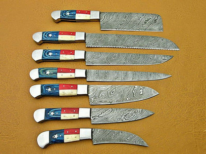 Set Of 7 Beautiful Handmade Damascus Steel Chef Knives With Leather Bag - SUSA KNIVES