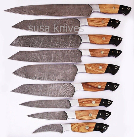 HANDMADE DAMASCUS STEEL CHEF KNIFE KITCHEN SET KNIVES 9 PCS - SUSA KNIVES