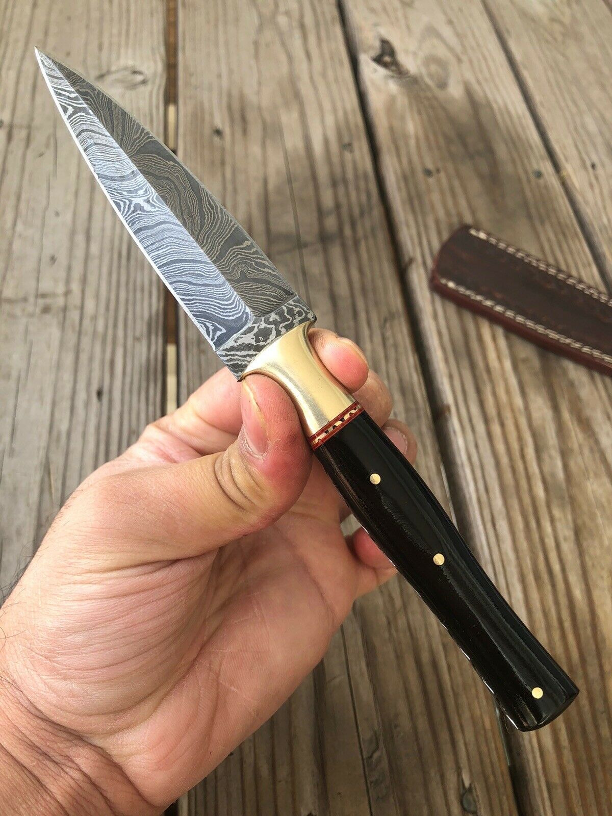 HAND FORGED DAMASCUS STEEL DAGGER BOOT Throwing Knife Horn &Brass Bolster Handle - SUSA KNIVES