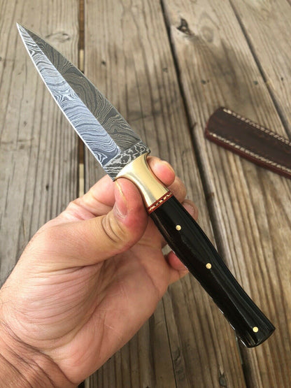 HAND FORGED DAMASCUS STEEL DAGGER BOOT Throwing Knife Horn &Brass Bolster Handle - SUSA KNIVES