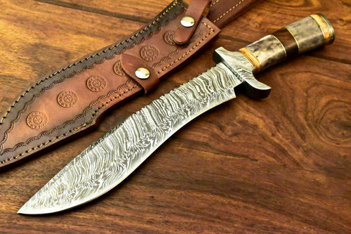 Custom Handmade Damascus Steel Bowie Knife | Sheath | Stained Camel Bone Handle - SUSA KNIVES