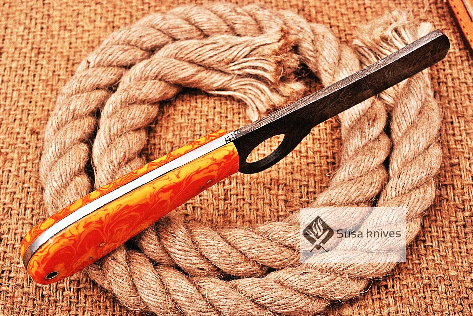 HAND FORGED DAMASCUS STEEL CONSTRATION BULL CUTTER/COWBOY KNIFE & RISEN HANDLE - SUSA KNIVES