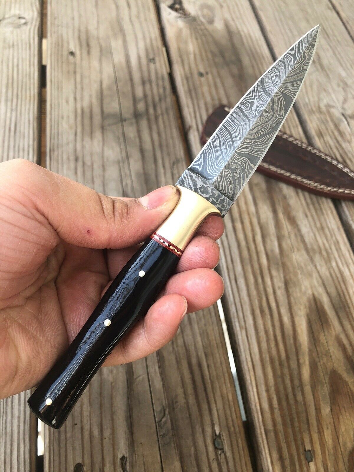 HAND FORGED DAMASCUS STEEL DAGGER BOOT Throwing Knife Horn &Brass Bolster Handle - SUSA KNIVES