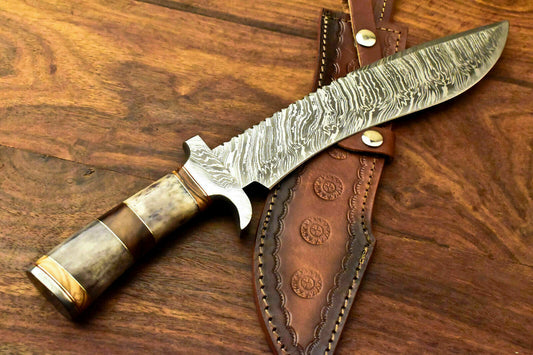Custom Handmade Damascus Steel Bowie Knife | Sheath | Stained Camel Bone Handle - SUSA KNIVES