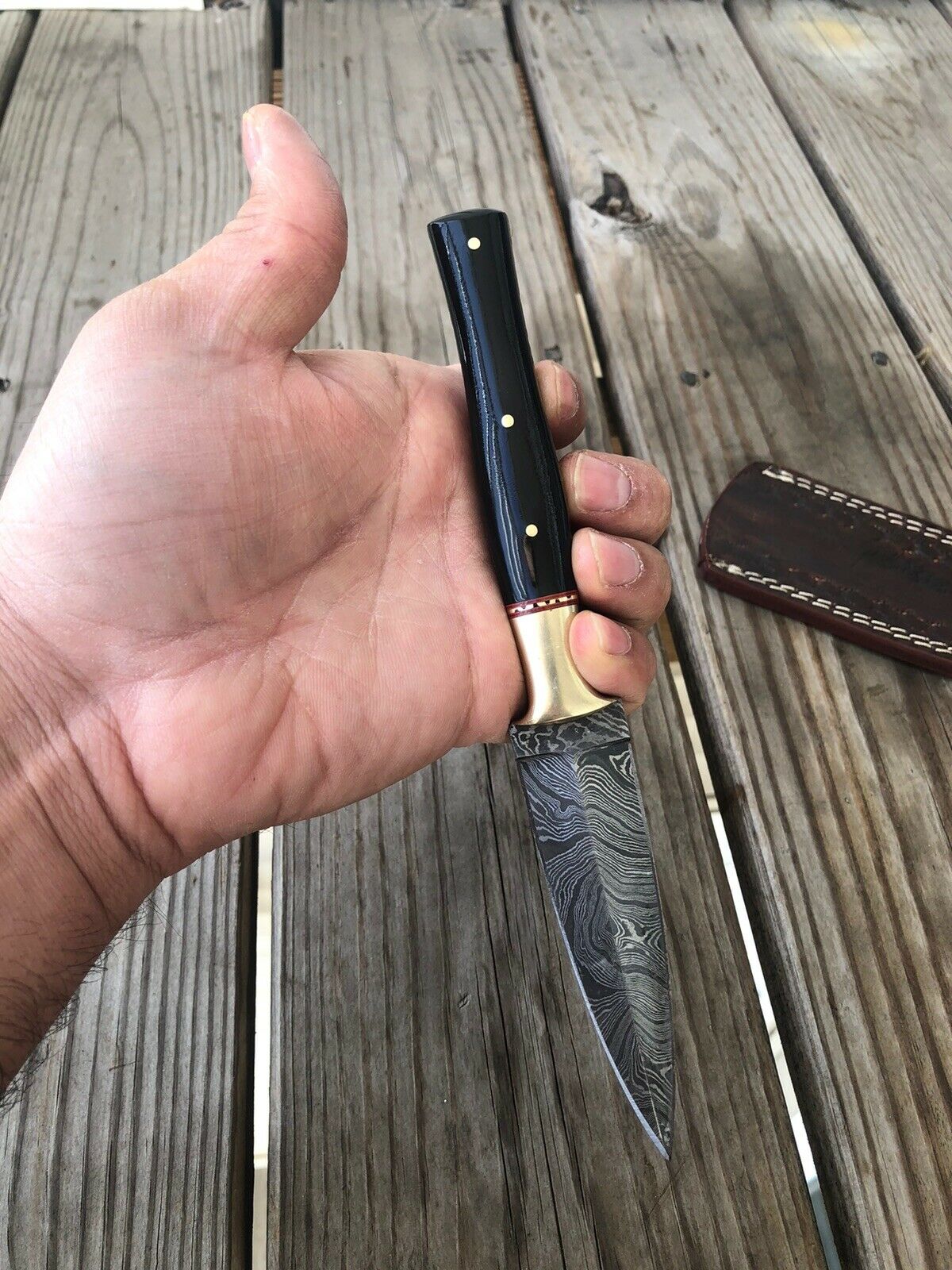 HAND FORGED DAMASCUS STEEL DAGGER BOOT Throwing Knife Horn &Brass Bolster Handle - SUSA KNIVES