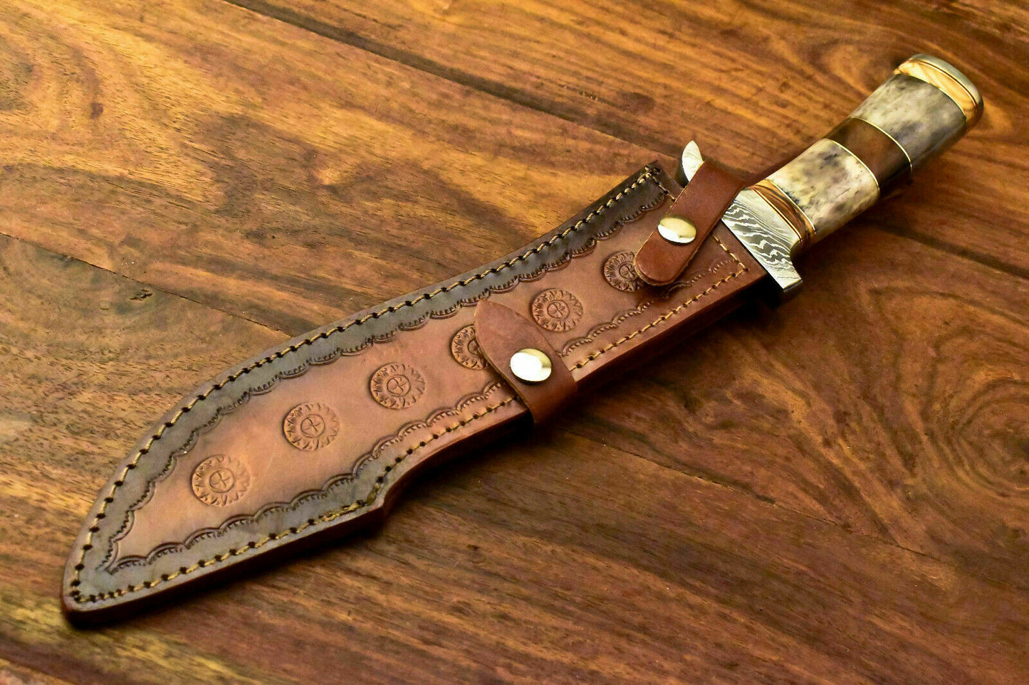 Custom Handmade Damascus Steel Bowie Knife | Sheath | Stained Camel Bone Handle - SUSA KNIVES