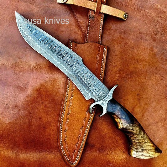 Overall 16" Damascus Steel Hunting Knife Bowie Knife Classic Wood Handle. - SUSA KNIVES