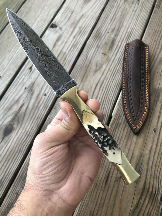 10”HAND FORGED DAMASCUS STEEL DAGGER BOOT KNIFE W/ STAG & Brass HANDLE - SUSA KNIVES