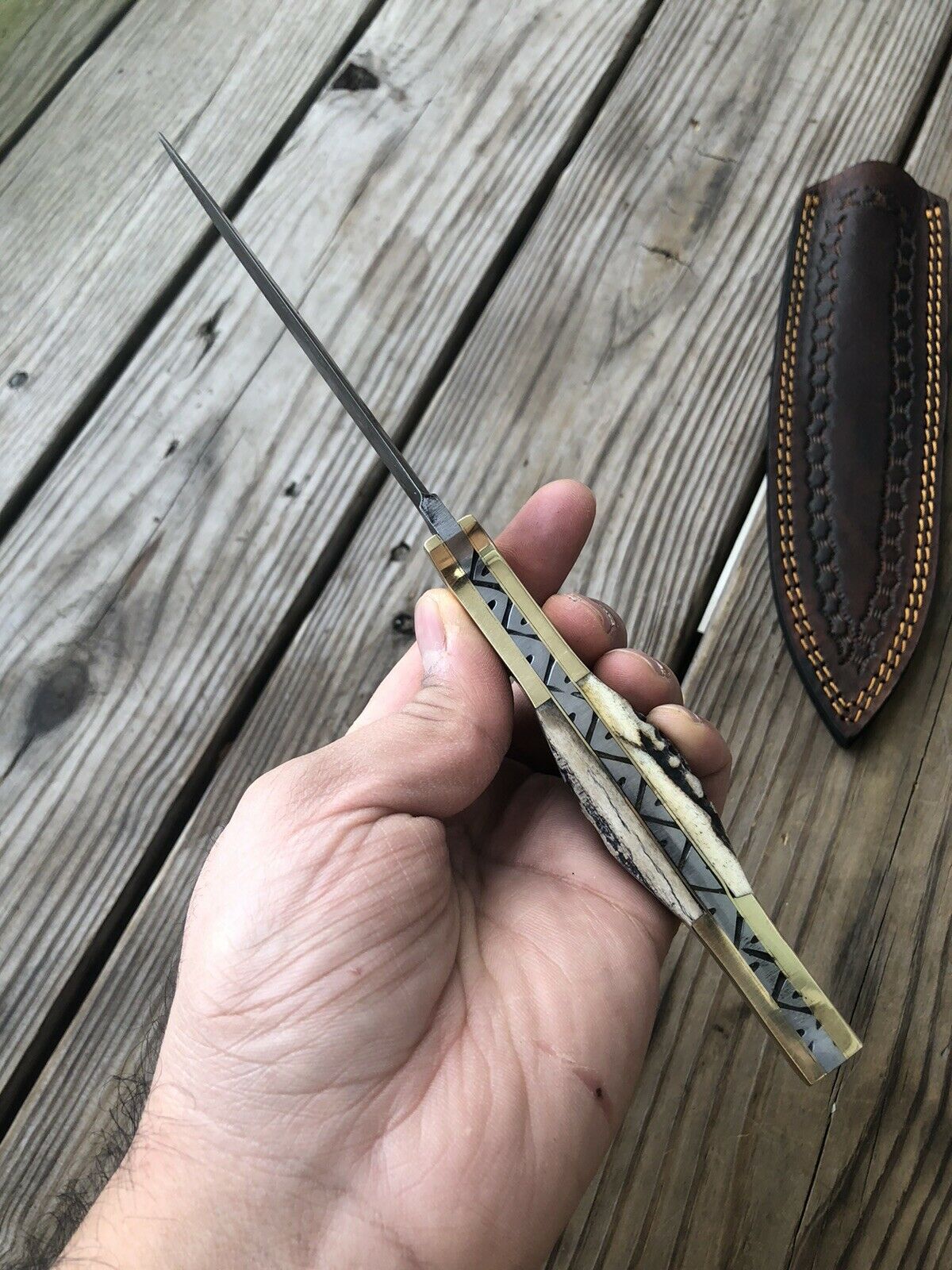 10”HAND FORGED DAMASCUS STEEL DAGGER BOOT KNIFE W/ STAG & Brass HANDLE - SUSA KNIVES