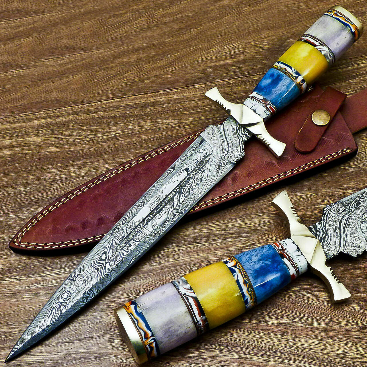 Beautiful Custom Handmade Damascus Steel Dagger Knife "Stained Camel Bone Handle - SUSA KNIVES