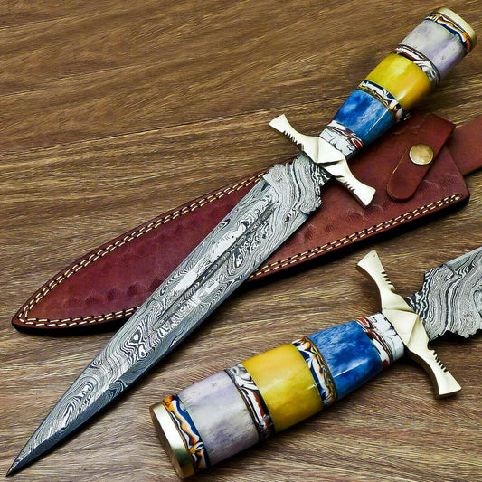 Beautiful Custom Handmade Damascus Steel Dagger Knife "Stained Camel Bone Handle - SUSA KNIVES