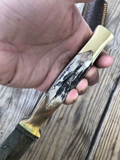 10”HAND FORGED DAMASCUS STEEL DAGGER BOOT KNIFE W/ STAG & Brass HANDLE - SUSA KNIVES