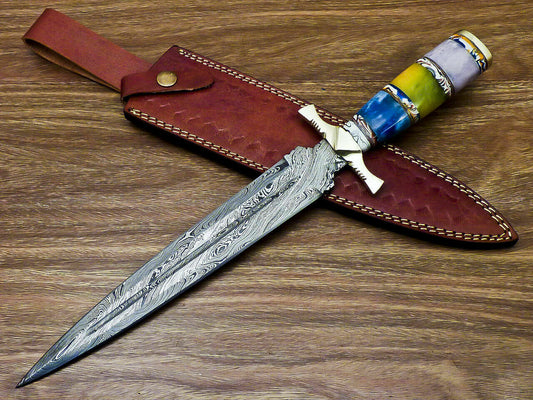 Beautiful Custom Handmade Damascus Steel Dagger Knife "Stained Camel Bone Handle - SUSA KNIVES