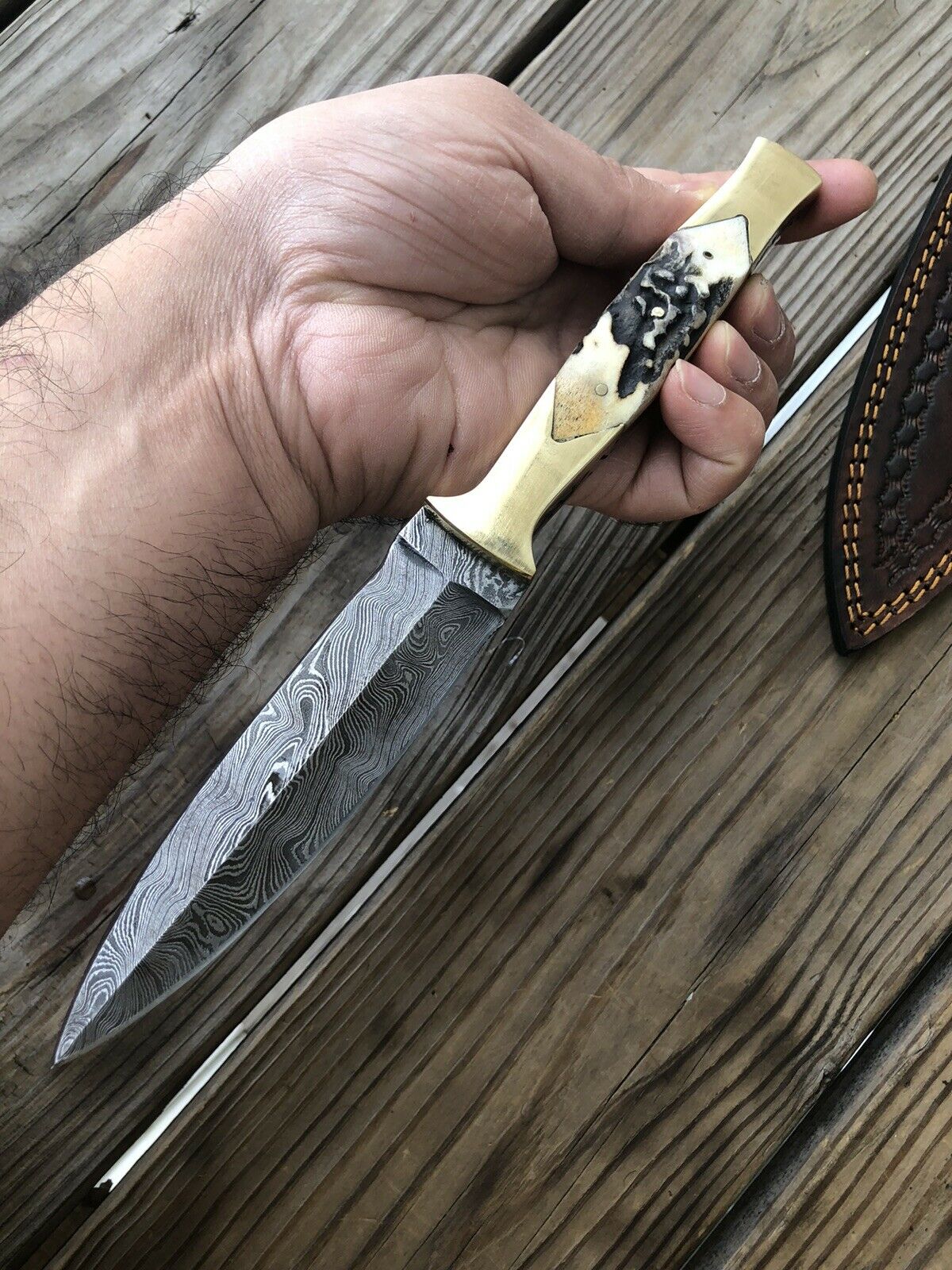 10”HAND FORGED DAMASCUS STEEL DAGGER BOOT KNIFE W/ STAG & Brass HANDLE - SUSA KNIVES