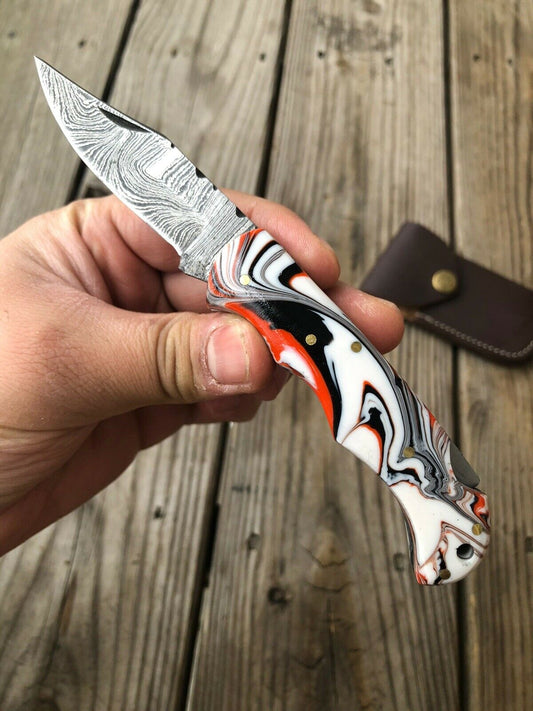 Custom HAND FORGED DAMASCUS STEEL Folding Pocket Knife W/ Back Lock - SUSA KNIVES