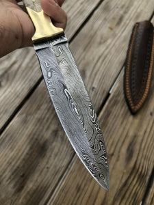 10”HAND FORGED DAMASCUS STEEL DAGGER BOOT KNIFE W/ STAG & Brass HANDLE - SUSA KNIVES