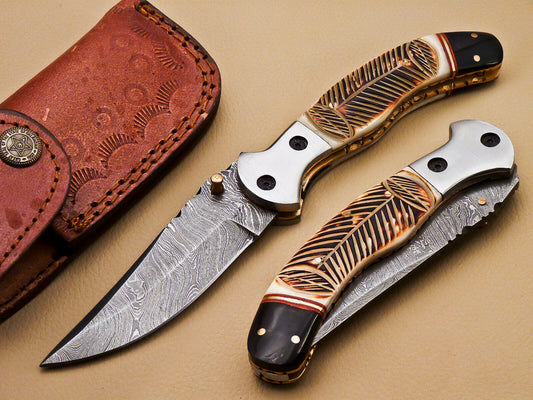Beautiful Custom Damascus Steel Folding Handmade Knive Engraved Burn Camel Bone - SUSA KNIVES
