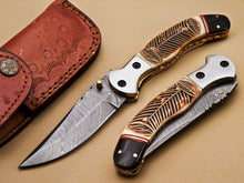 Load image into Gallery viewer, Beautiful Custom Damascus Steel Folding Handmade Knive Engraved Burn Camel Bone - SUSA KNIVES

