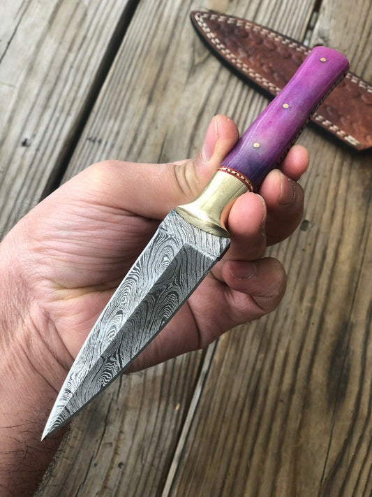 HAND FORGED DAMASCUS STEEL DAGGER BOOT Throwing Knife Bone & Brass Bolster - SUSA KNIVES