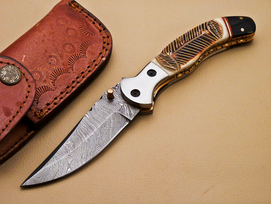 Beautiful Custom Damascus Steel Folding Handmade Knive Engraved Burn Camel Bone - SUSA KNIVES