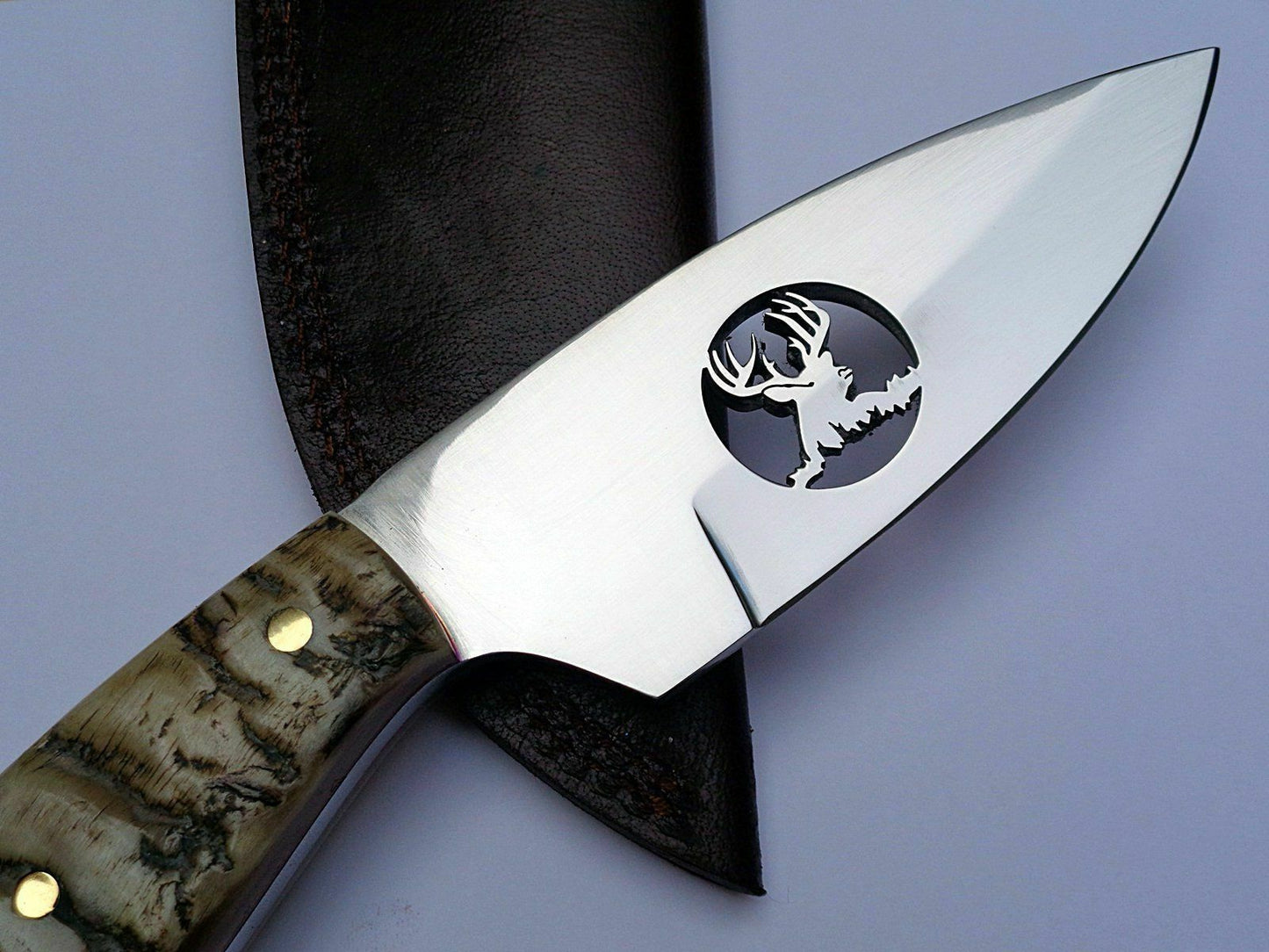 HANDMADE FULL TANG SURVIVAL HUNTING KNIFE RAM HORN HANDLE & LEATHER SHEATH - SUSA KNIVES