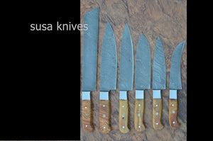 Damascus steel  6 piece CHEF KNIFE SET, OLIVE WOOD handle - SUSA KNIVES