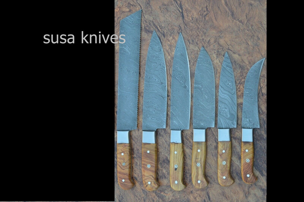 Damascus steel  6 piece CHEF KNIFE SET, OLIVE WOOD handle - SUSA KNIVES