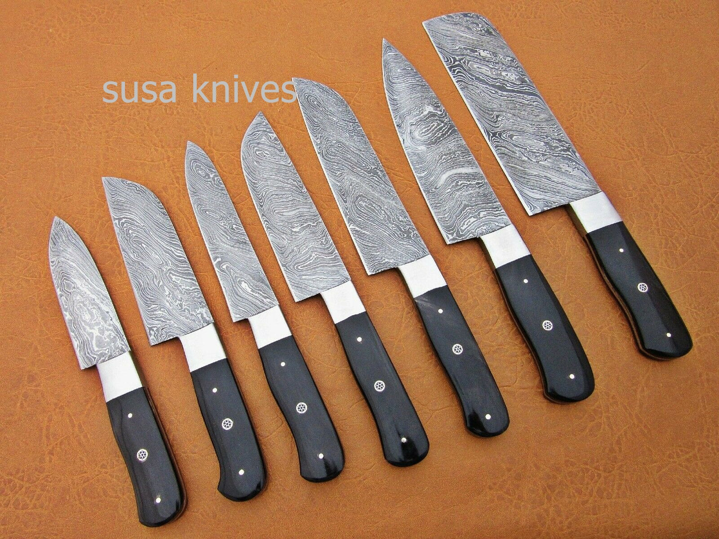 CUSTOM HANDMADE DAMASCUS STEEL CHEF SET/KITCHEN KNIVES 7 PCS ,BUFFALO HORN - SUSA KNIVES