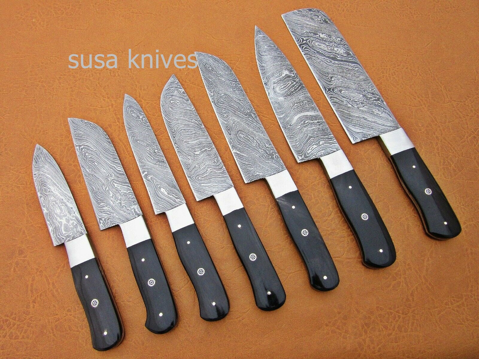 CUSTOM HANDMADE DAMASCUS STEEL CHEF SET/KITCHEN KNIVES 7 PCS ,BUFFALO HORN - SUSA KNIVES