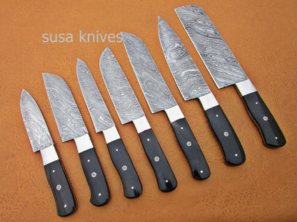 CUSTOM HANDMADE DAMASCUS STEEL CHEF SET/KITCHEN KNIVES 7 PCS ,BUFFALO HORN - SUSA KNIVES
