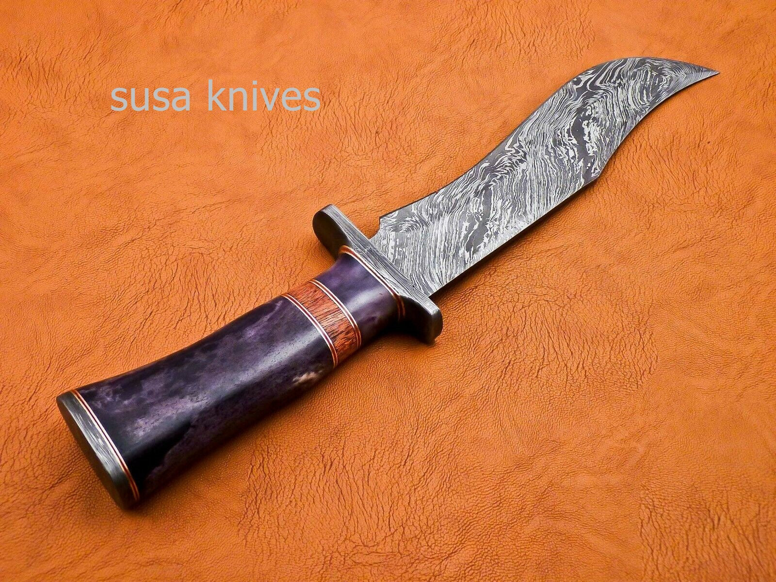 Handmade Damascus Steel Bowie Knive - Cammel Bone & Rose Wood Handle - SUSA KNIVES