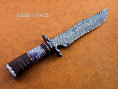 Handmade Damascus Steel Bowie Knive - Cammel Bone & Rose Wood Handle - SUSA KNIVES