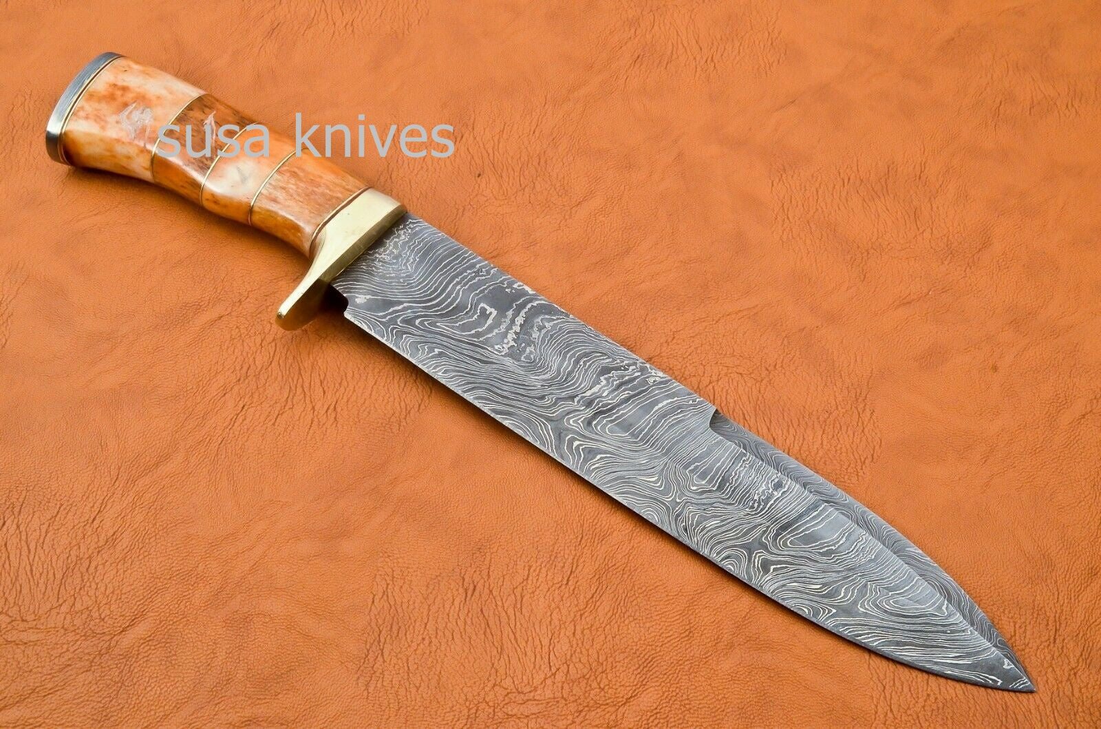 Handmade Damascus Steel Bowie Knive - Coloured Cammel Bone Handle - SUSA KNIVES