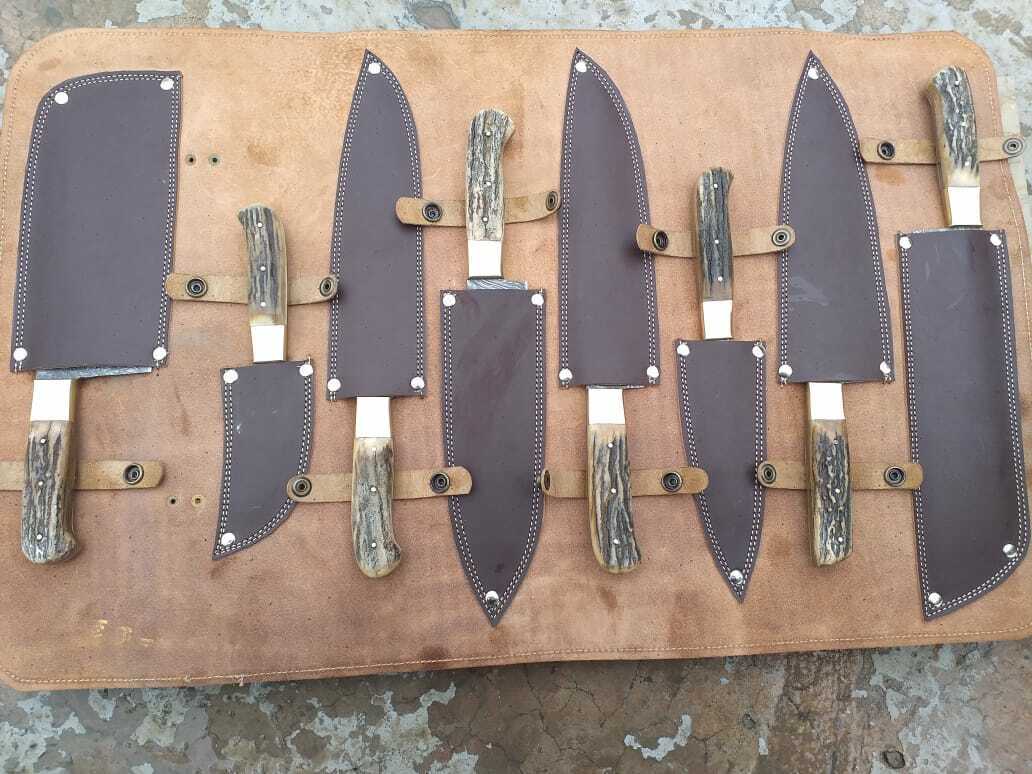 Damascus Steel Antler Horn Grip Chef Kitchen Knives Professional Set of 8 Knives - SUSA KNIVES