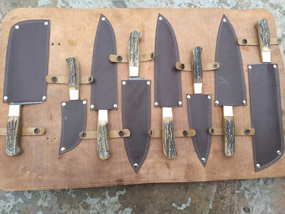 Damascus Steel Antler Horn Grip Chef Kitchen Knives Professional Set of 8 Knives - SUSA KNIVES