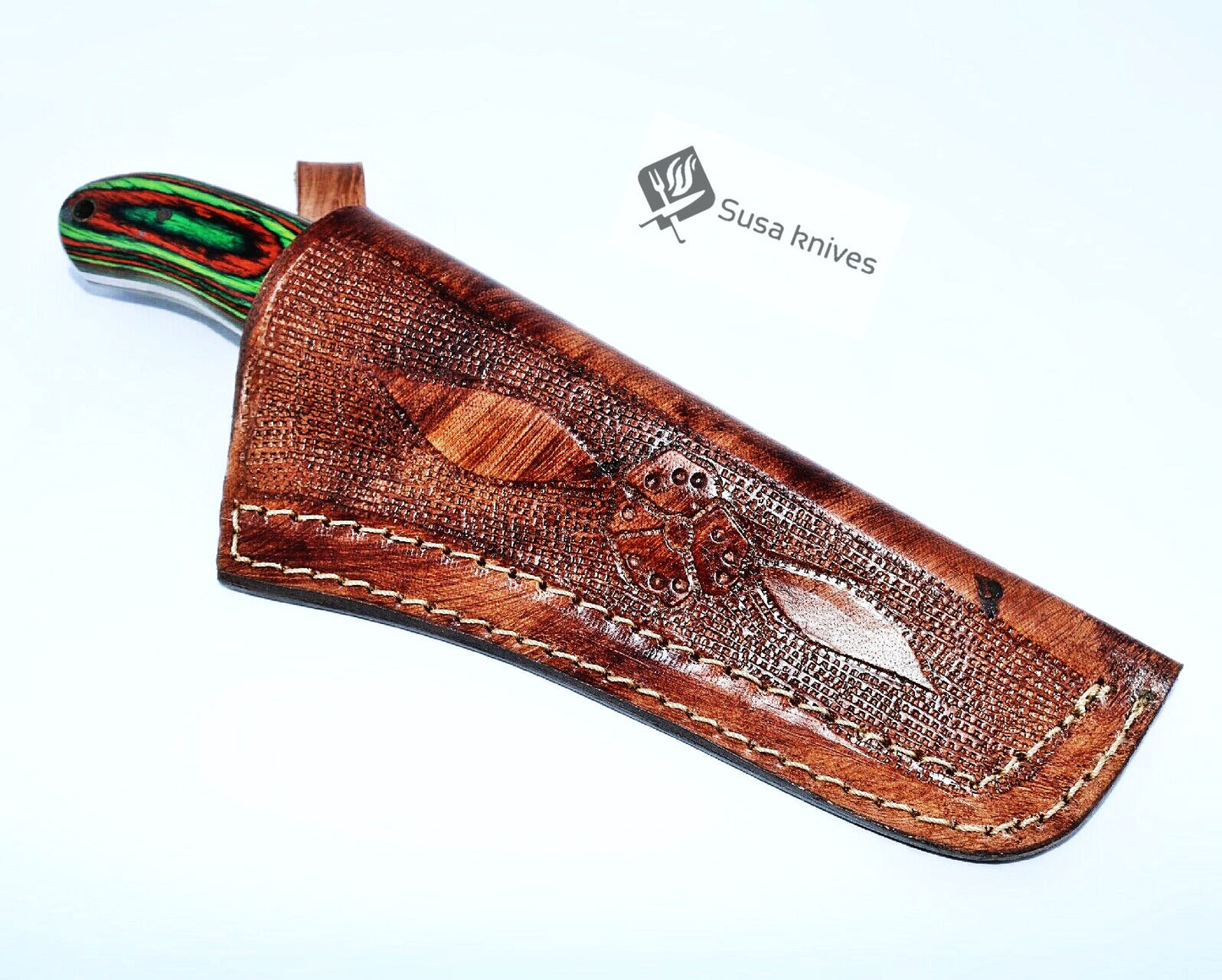 HAND FORGED DAMASCUS STEEL BULL CUTTER/COWBOY KNIFE & PUKKA WOOD HANDLE - SUSA KNIVES