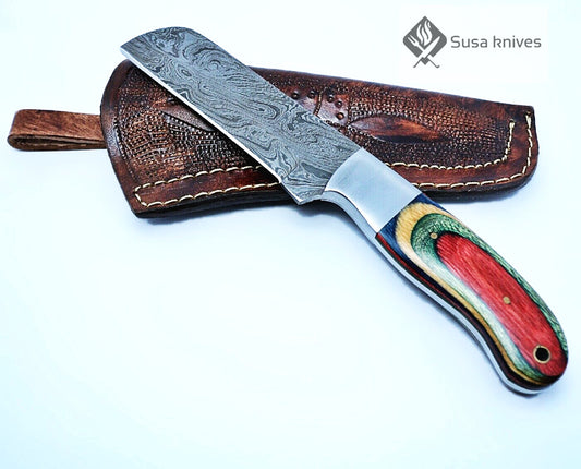 HAND FORGED DAMASCUS STEEL BULL CUTTER/COWBOY KNIFE & PUKKA WOOD HANDLE - SUSA KNIVES