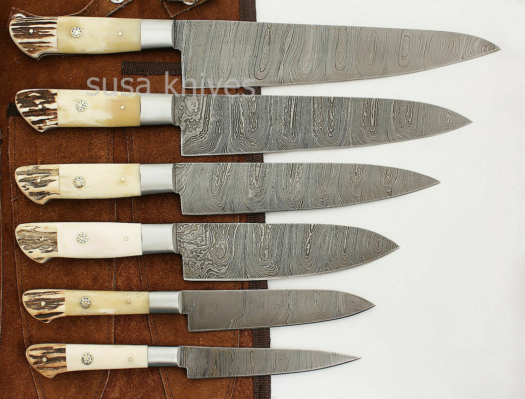 CUSTOM MADE DAMASCUS BLADE 6Pc's. KITCHEN KNIVES SET- With Case/Roll Bag - SUSA KNIVES